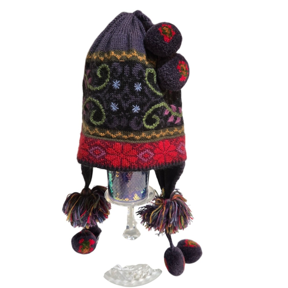 Tey Art Chullo Earflap Hat Womens Alpaca Blend Embroidered Pom Pom Colorful
